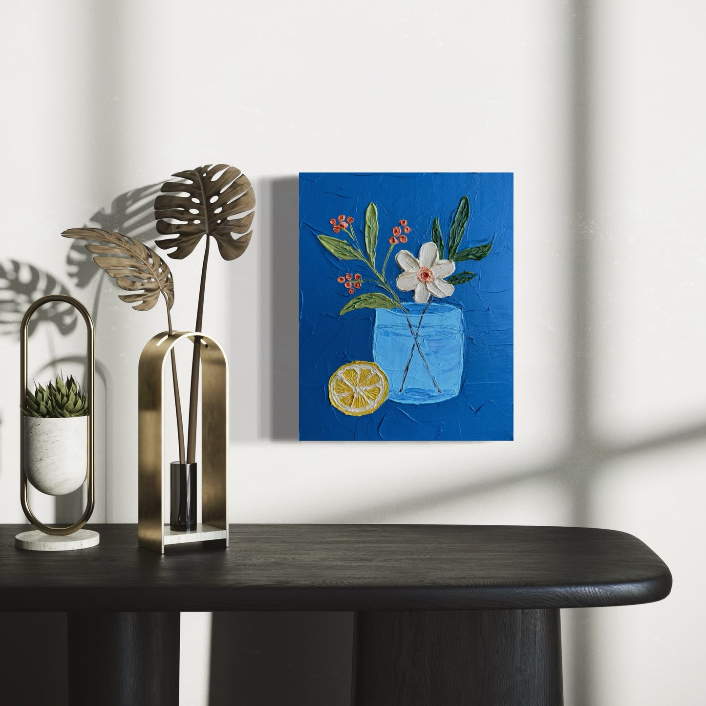 FLOWERS AND LEMON 2 20x25.4 cm acrylic on canvas original painting