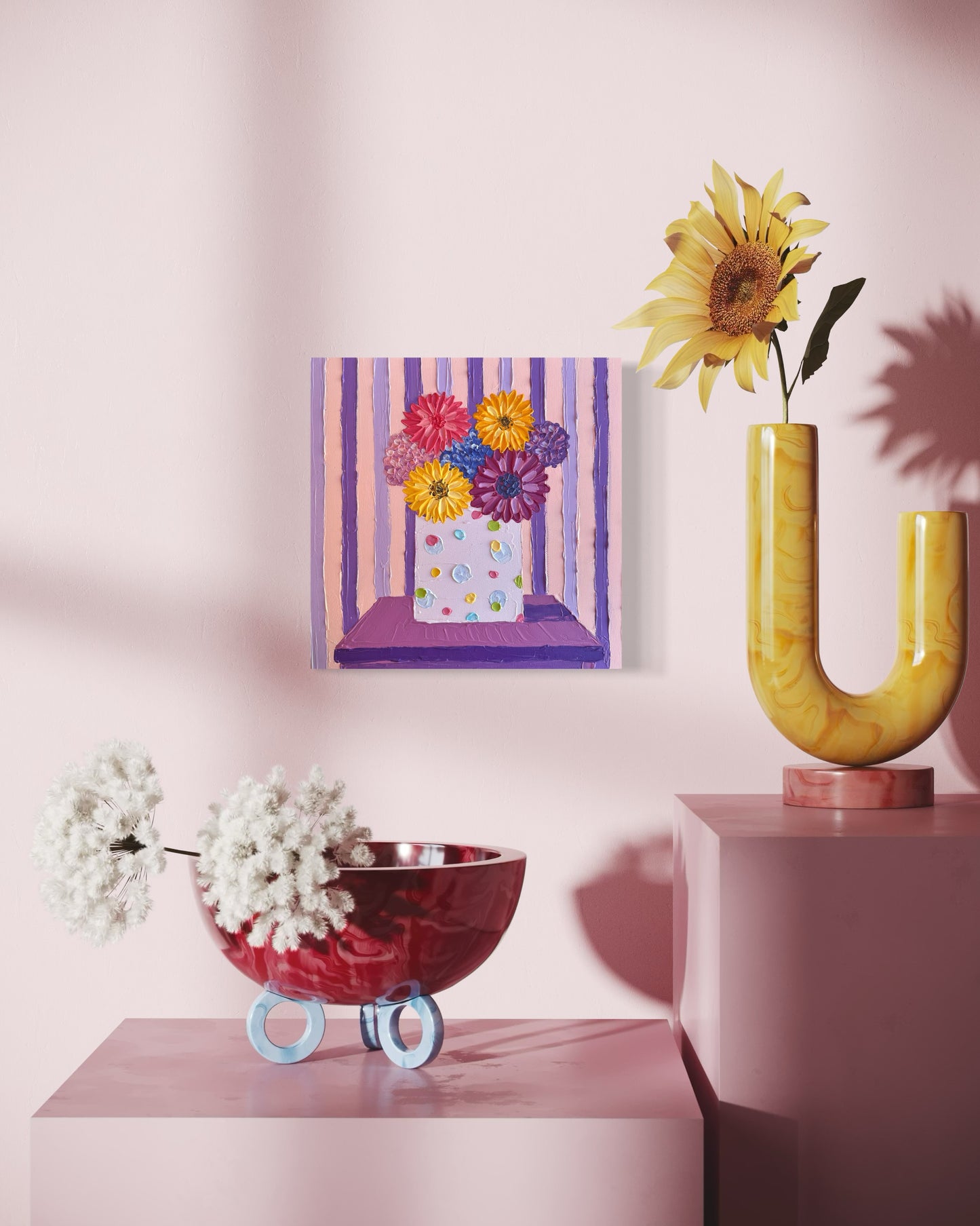 BLOOM AND STRIPES 30.5x30.5 cm acrylic on canvas original painting