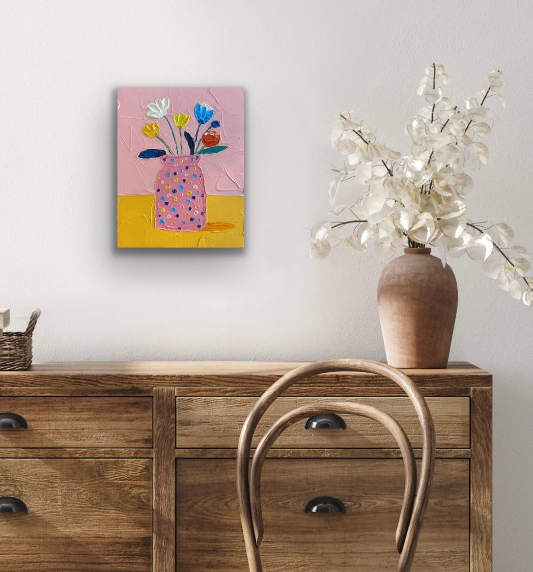 POLKA DOT PINK VASE 20x25.4 cm acrylic on canvas original painting