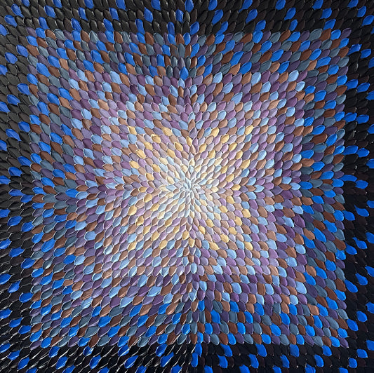 Mosaic pattern of blue and purple tiles arranged in a circular design.