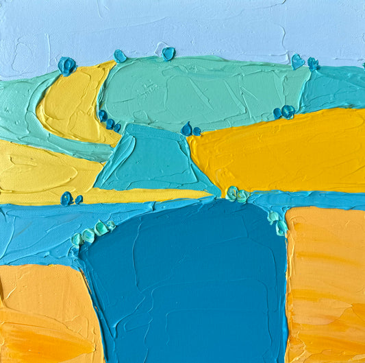 An abstract landscape painting featuring yellow and blue hues with a textured surface.