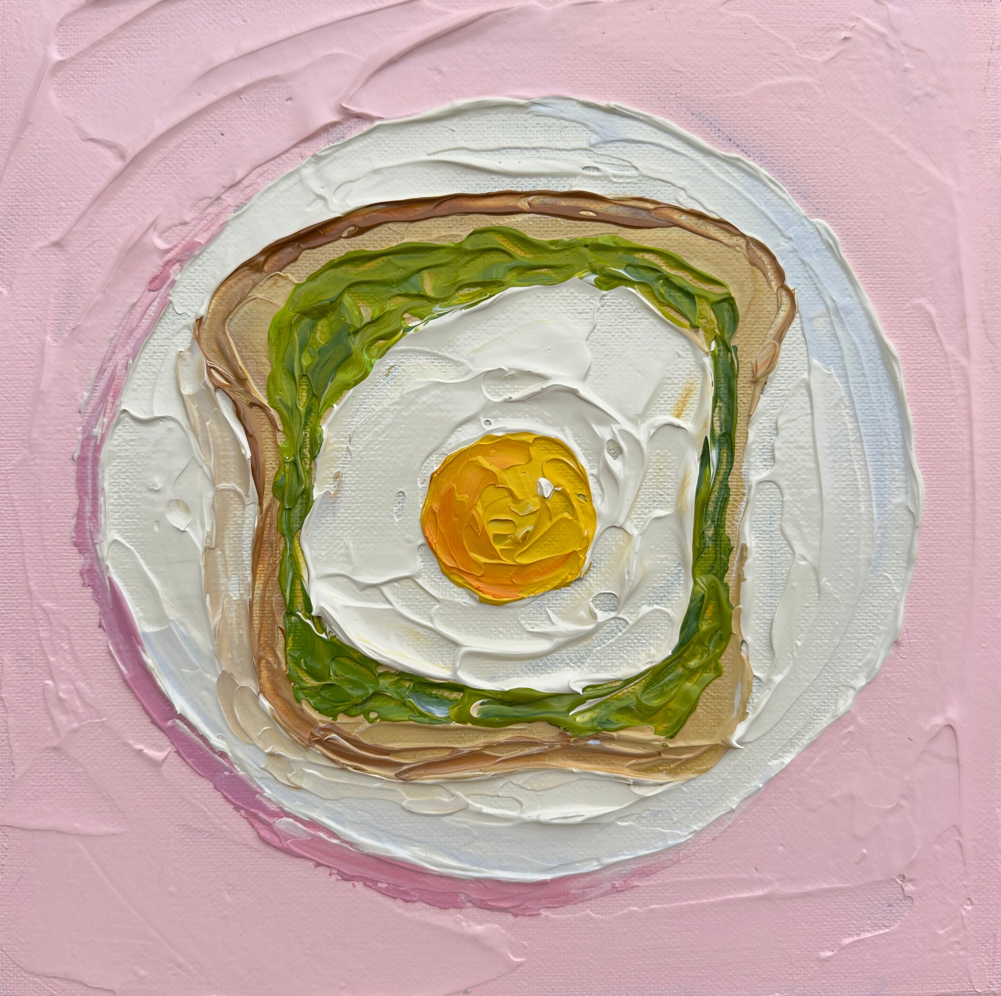 Artistic depiction of toast with avocado and a fried egg on a pink background