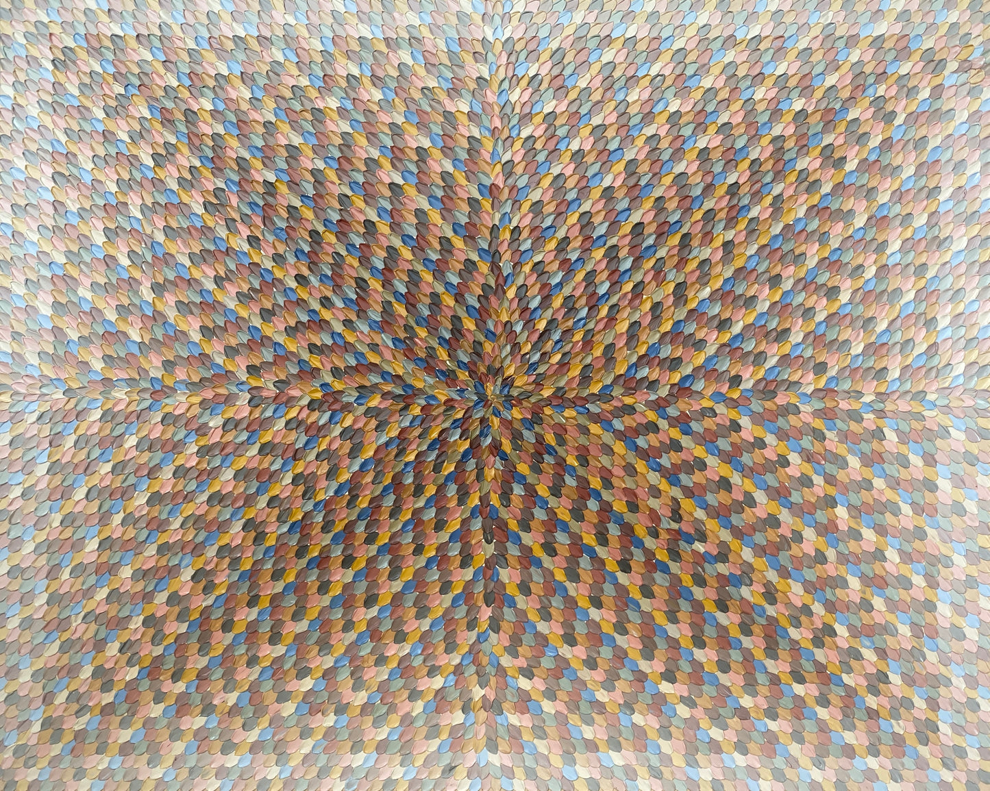 A close-up view of an abstract acrylic painting on canvas featuring a variety of earthy colors and geometric patterns.