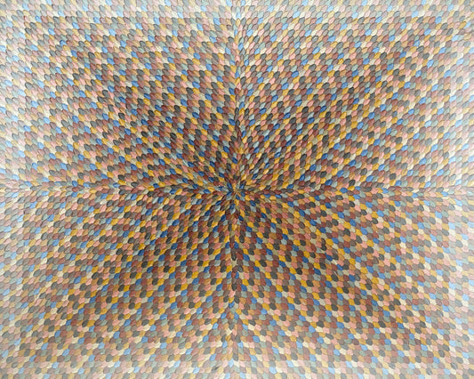 A close-up view of an abstract acrylic painting on canvas featuring a variety of earthy colors and geometric patterns.