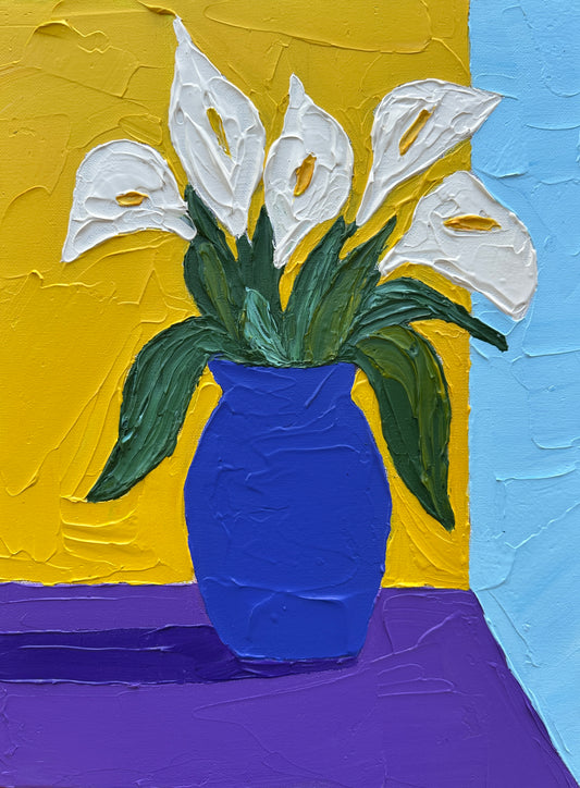 Painting of a blue vase with white flowers against a yellow and blue background