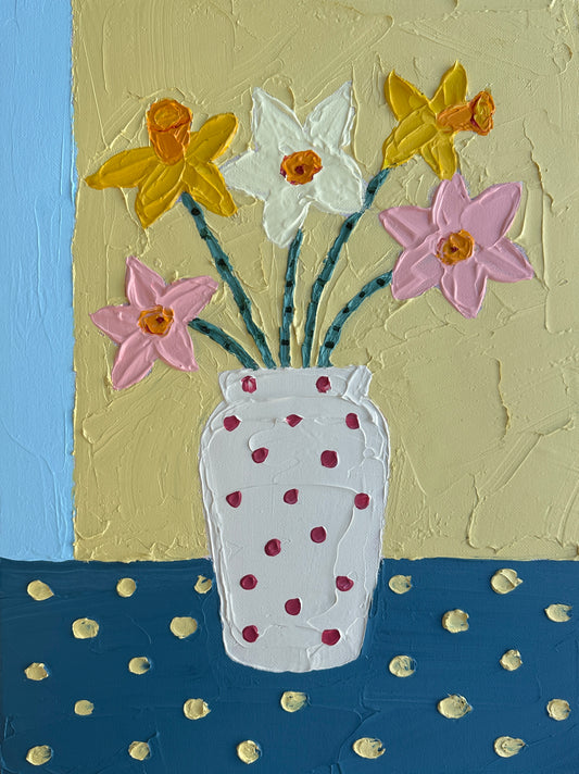 Painting of a vase with flowers on a textured background