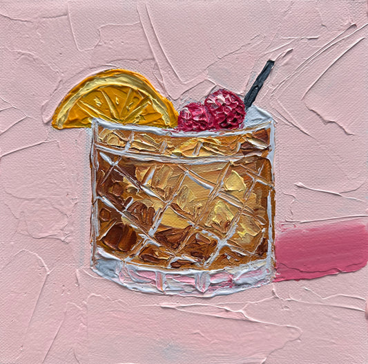 Artistic depiction of a cocktail with a lemon wedge and berries on a textured pink background