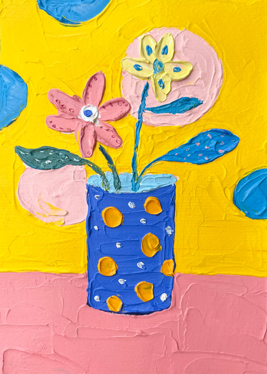 Colorful abstract painting with flowers and a vase on a textured yellow and pink background