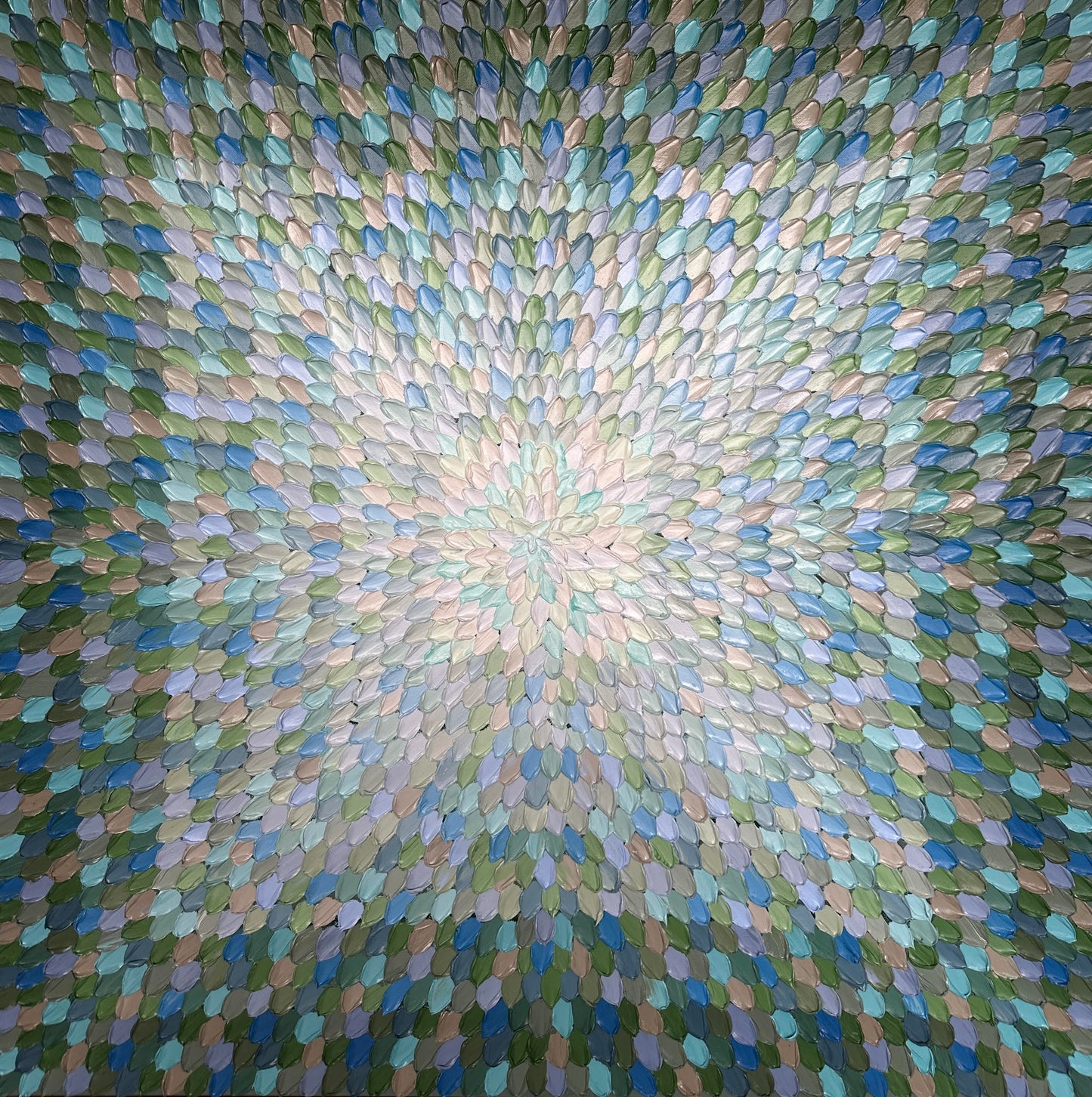 A geometric abstract painting with a textured surface featuring a variety of colors including blue, green, and white.