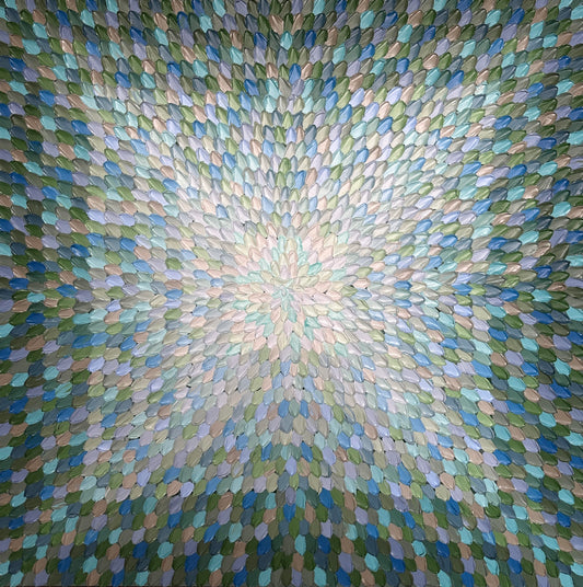A geometric abstract painting with a textured surface featuring a variety of colors including blue, green, and white.