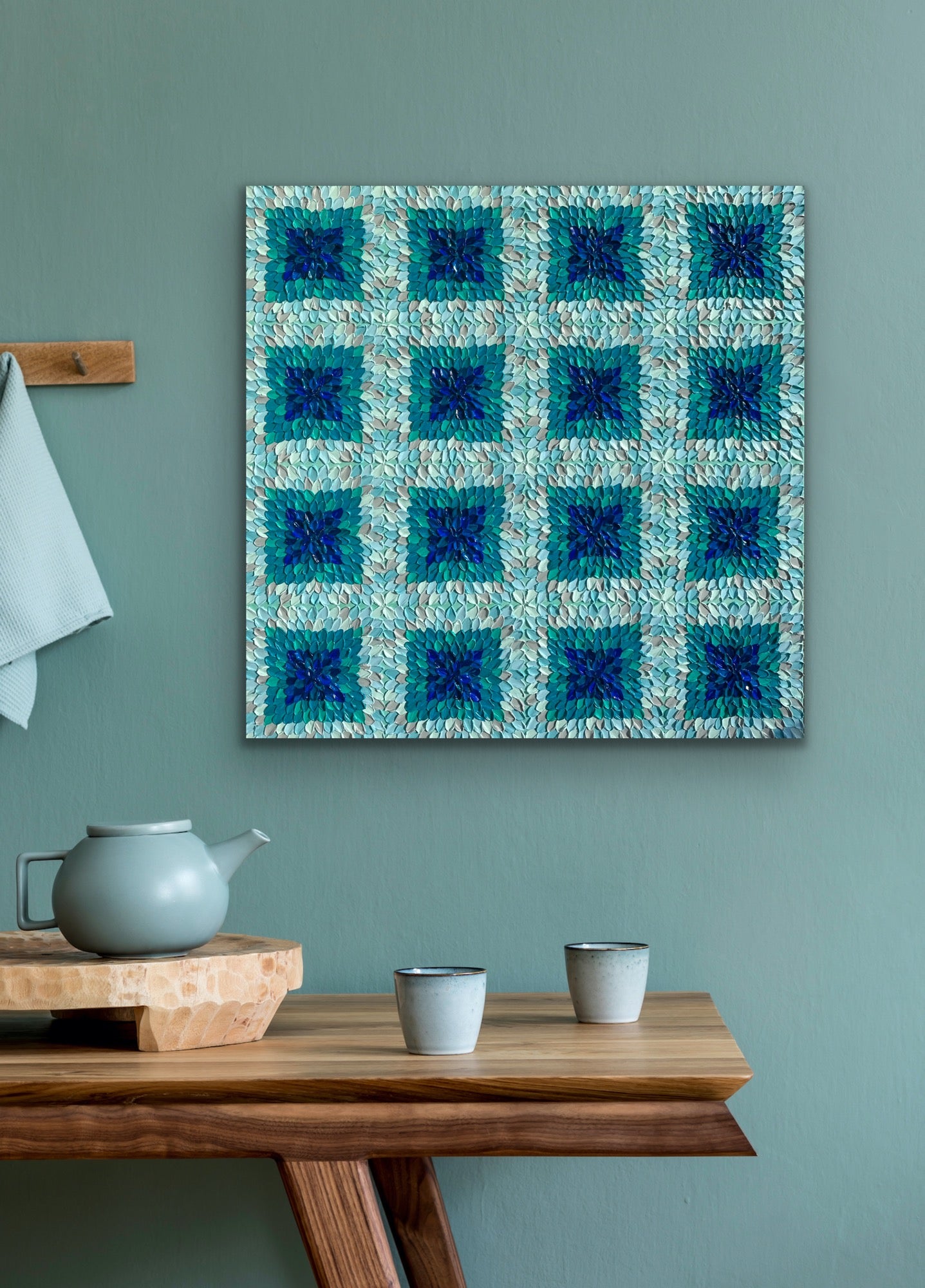 TEAL KALEIDOSCOPE I I 91x91 cm acrylic on canvas original painting