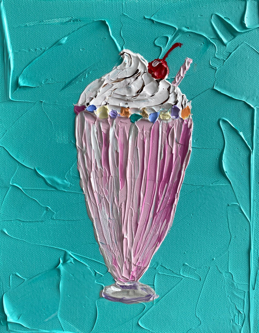 STRAWBERRY MILKSHAKE ON TEAL 20.4x25.4 cm acrylic on canvas original painting