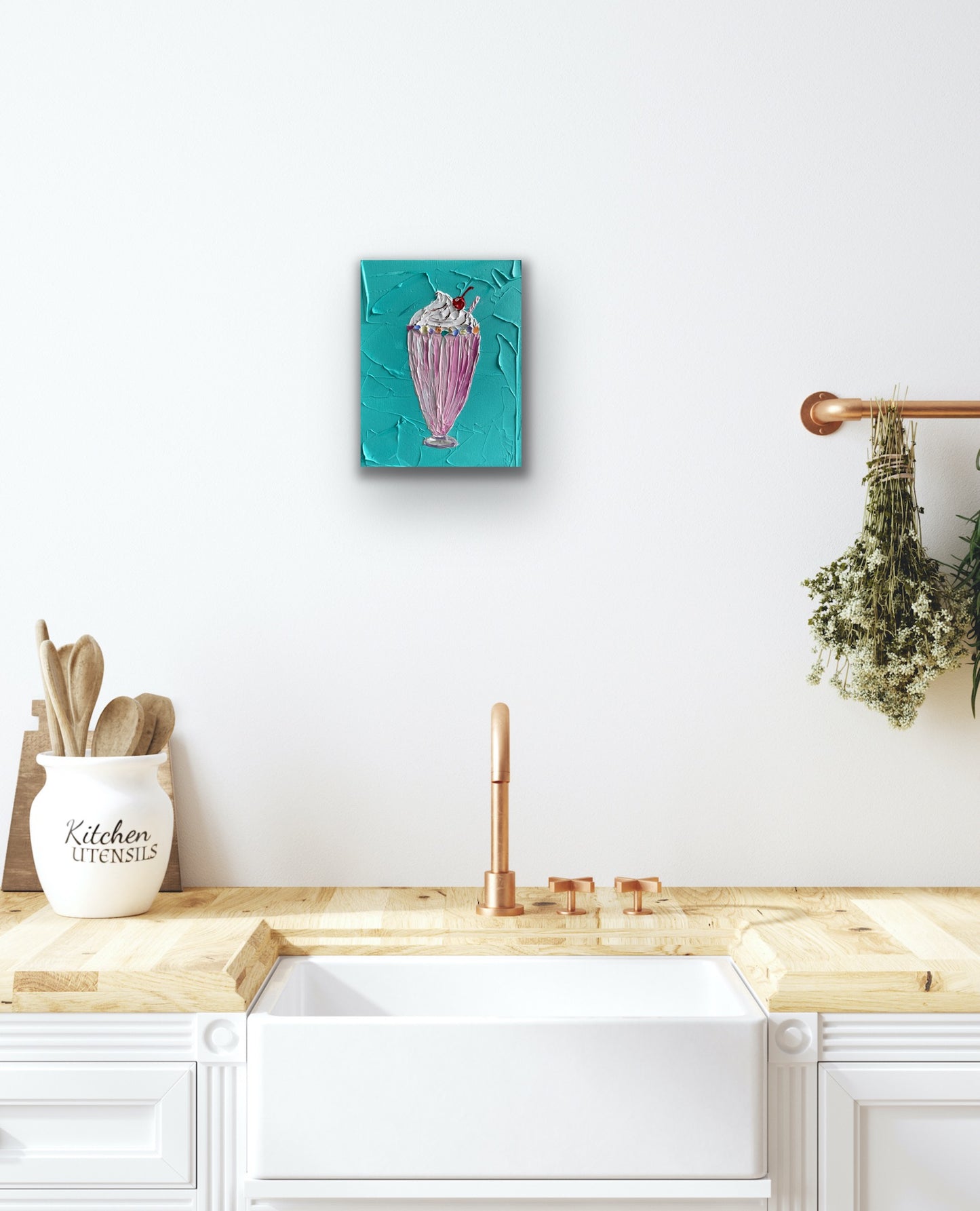 STRAWBERRY MILKSHAKE ON TEAL 20.4x25.4 cm acrylic on canvas original painting