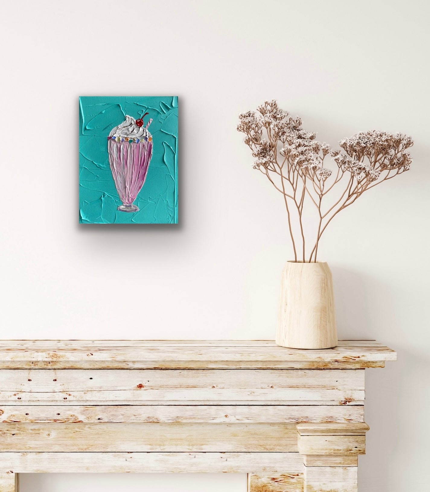 STRAWBERRY MILKSHAKE ON TEAL 20.4x25.4 cm acrylic on canvas original painting