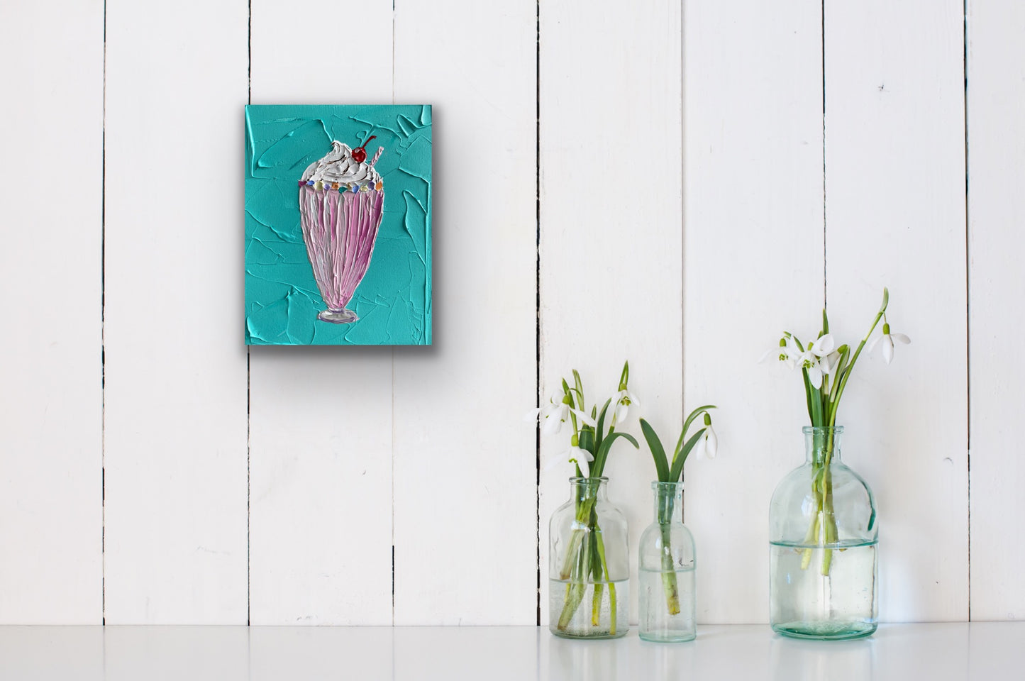 STRAWBERRY MILKSHAKE ON TEAL 20.4x25.4 cm acrylic on canvas original painting