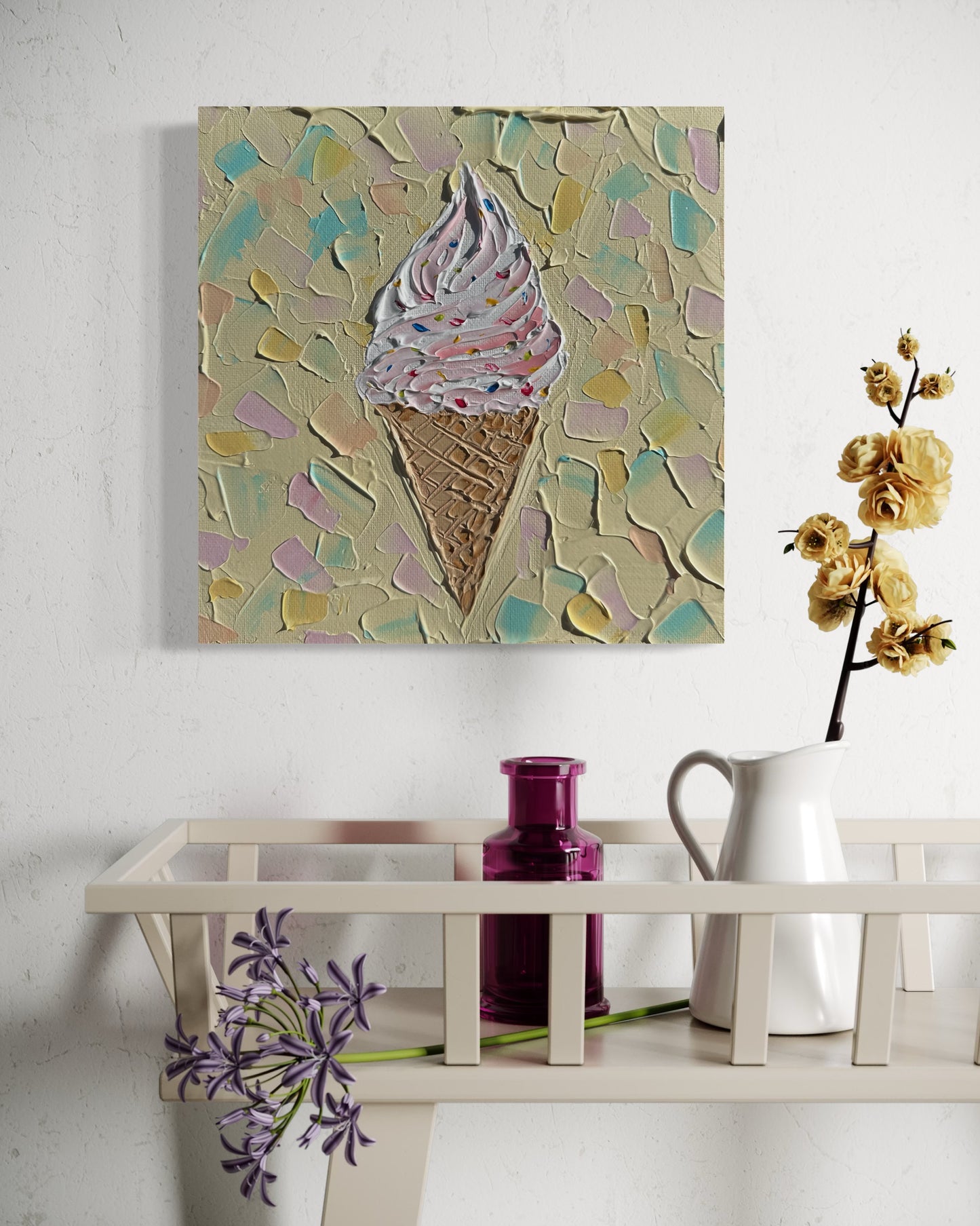 Abstract painting of an ice cream cone on a textured background, displayed on a shelf with decorative items.