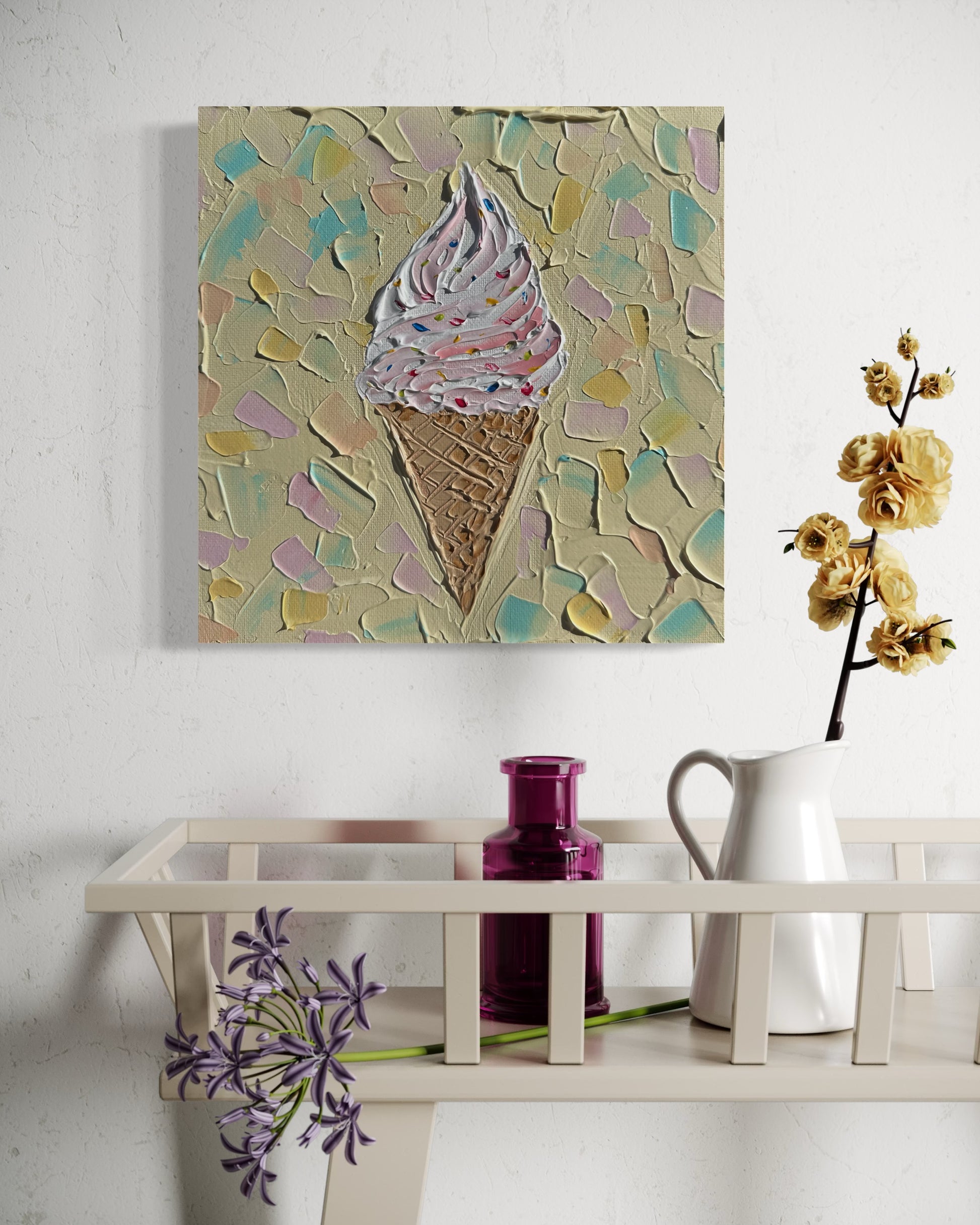 Abstract painting of an ice cream cone on a textured background, displayed on a shelf with decorative items.