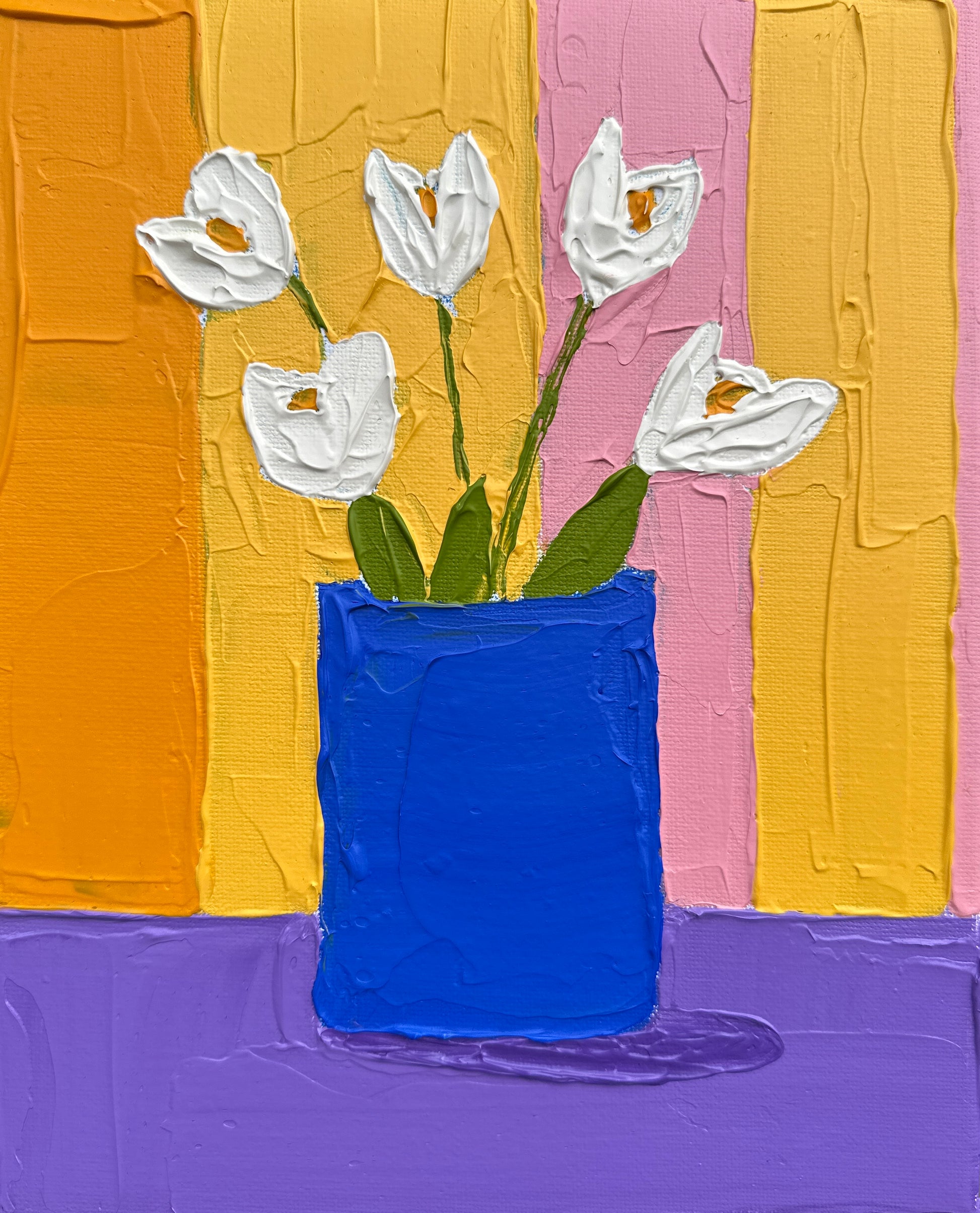 Abstract painting of white flowers in a blue vase against a multicolored background