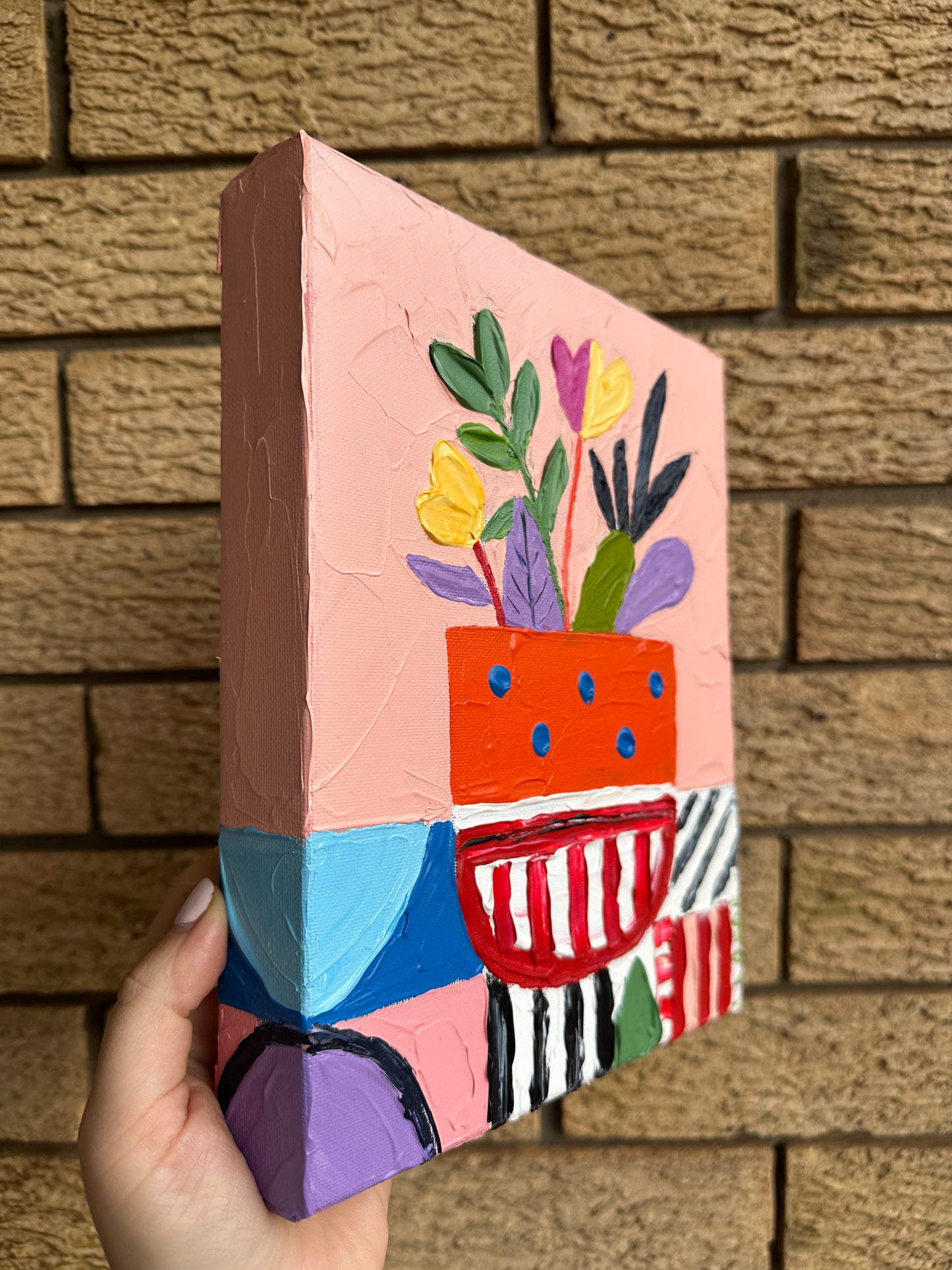 POLKA DOT ORANGE POT 20x25.4 cm acrylic on canvas original painting