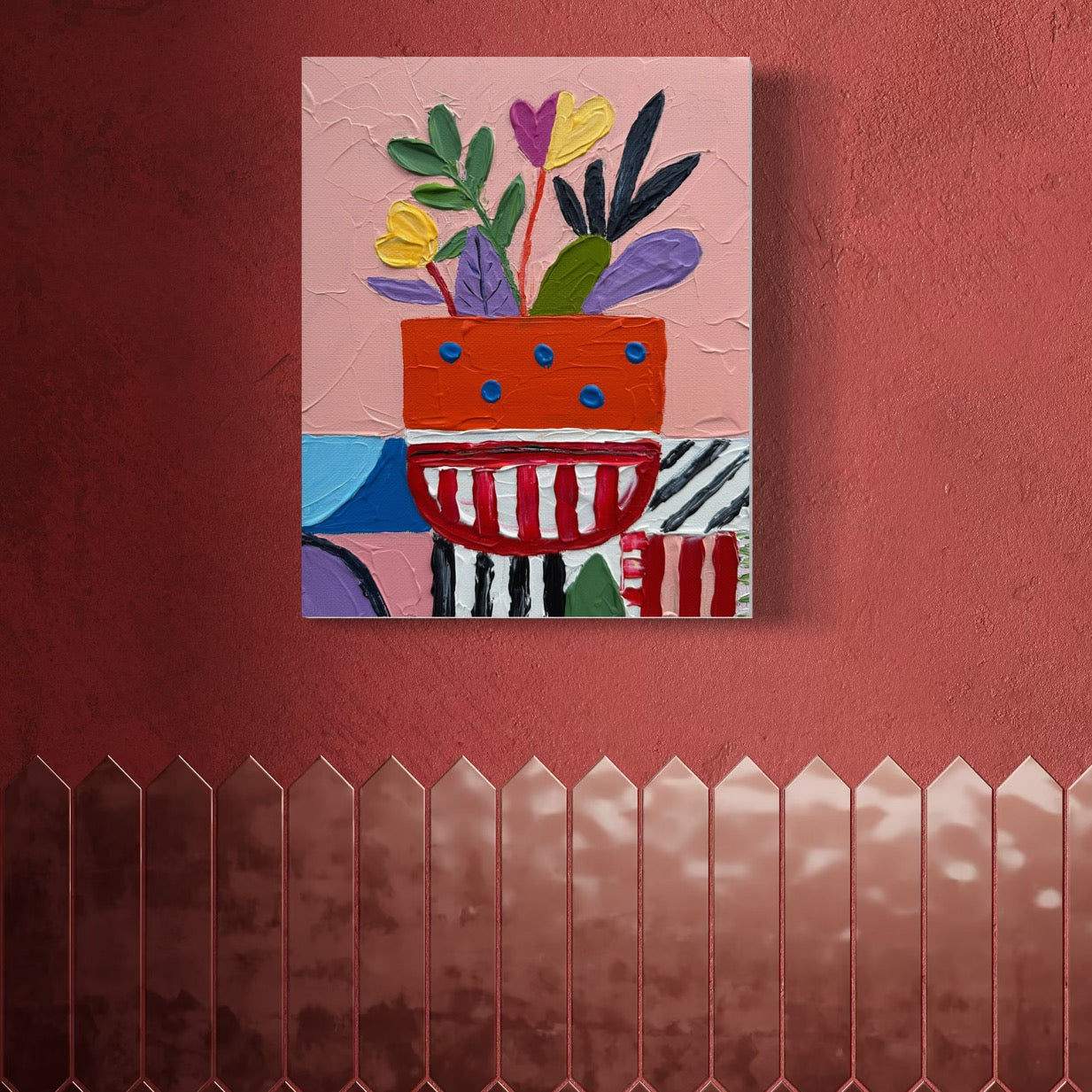 POLKA DOT ORANGE POT 20x25.4 cm acrylic on canvas original painting