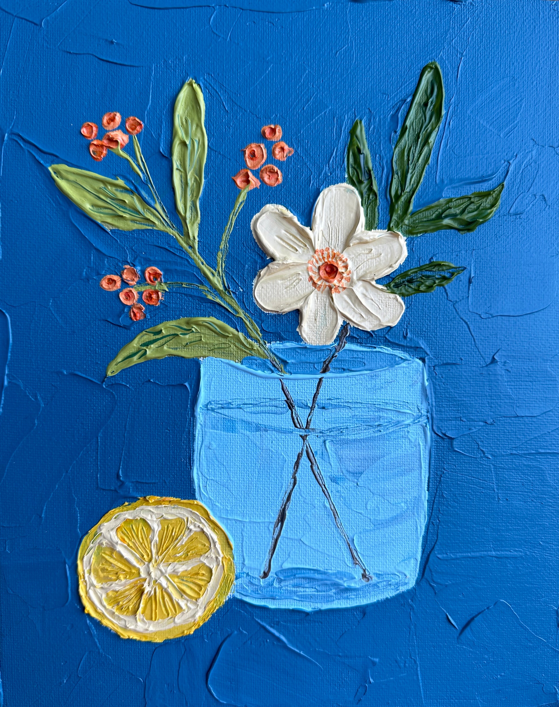 Painting of a glass with flowers, lemon, and berries on a blue background