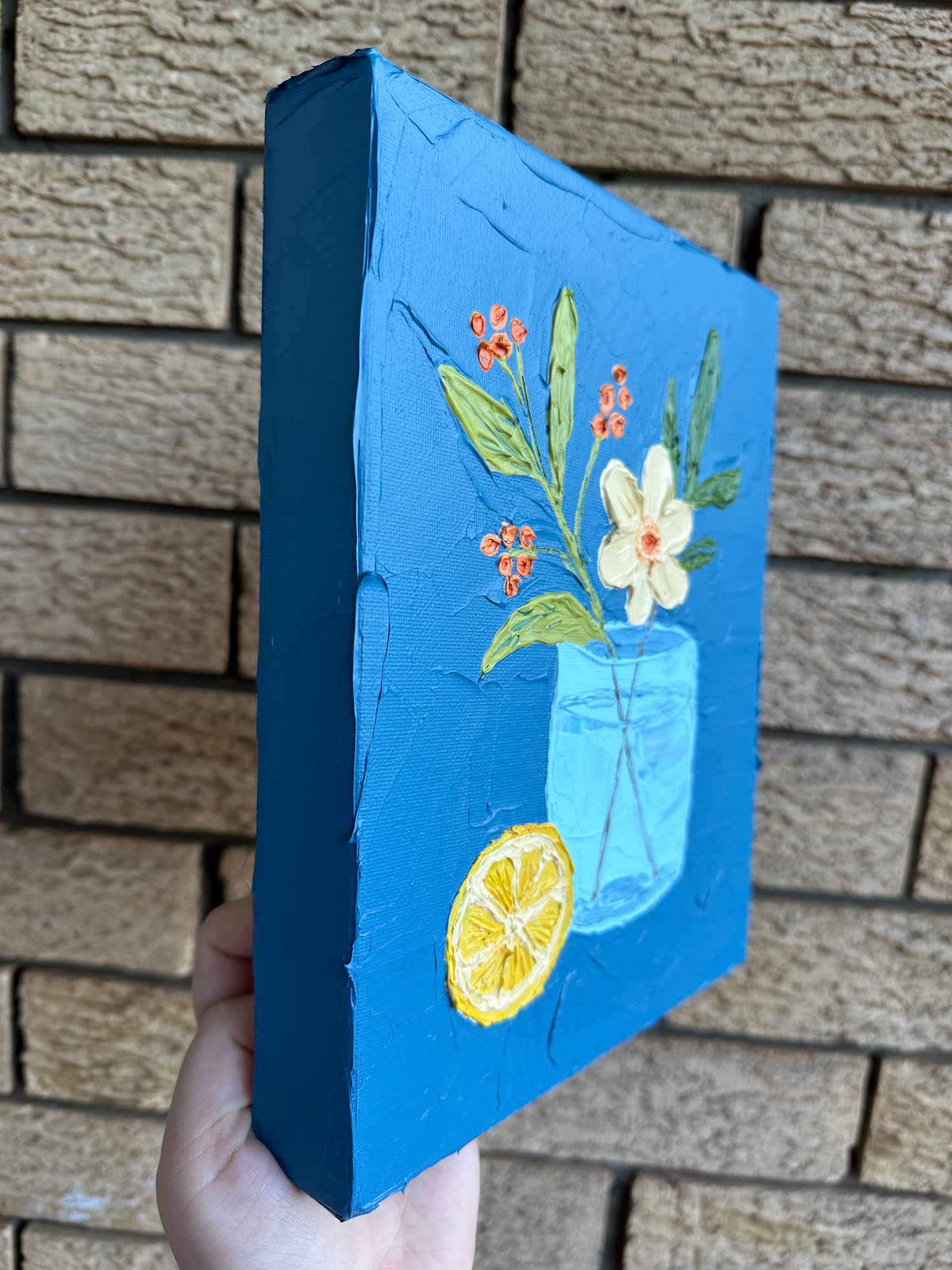 FLOWERS AND LEMON 2 20x25.4 cm acrylic on canvas original painting