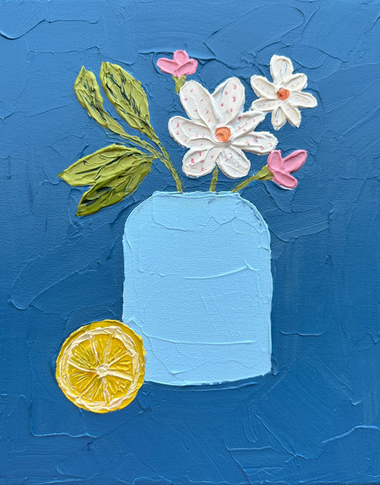 FLOWERS AND LEMON 1 20x25.4 cm acrylic on canvas original painting