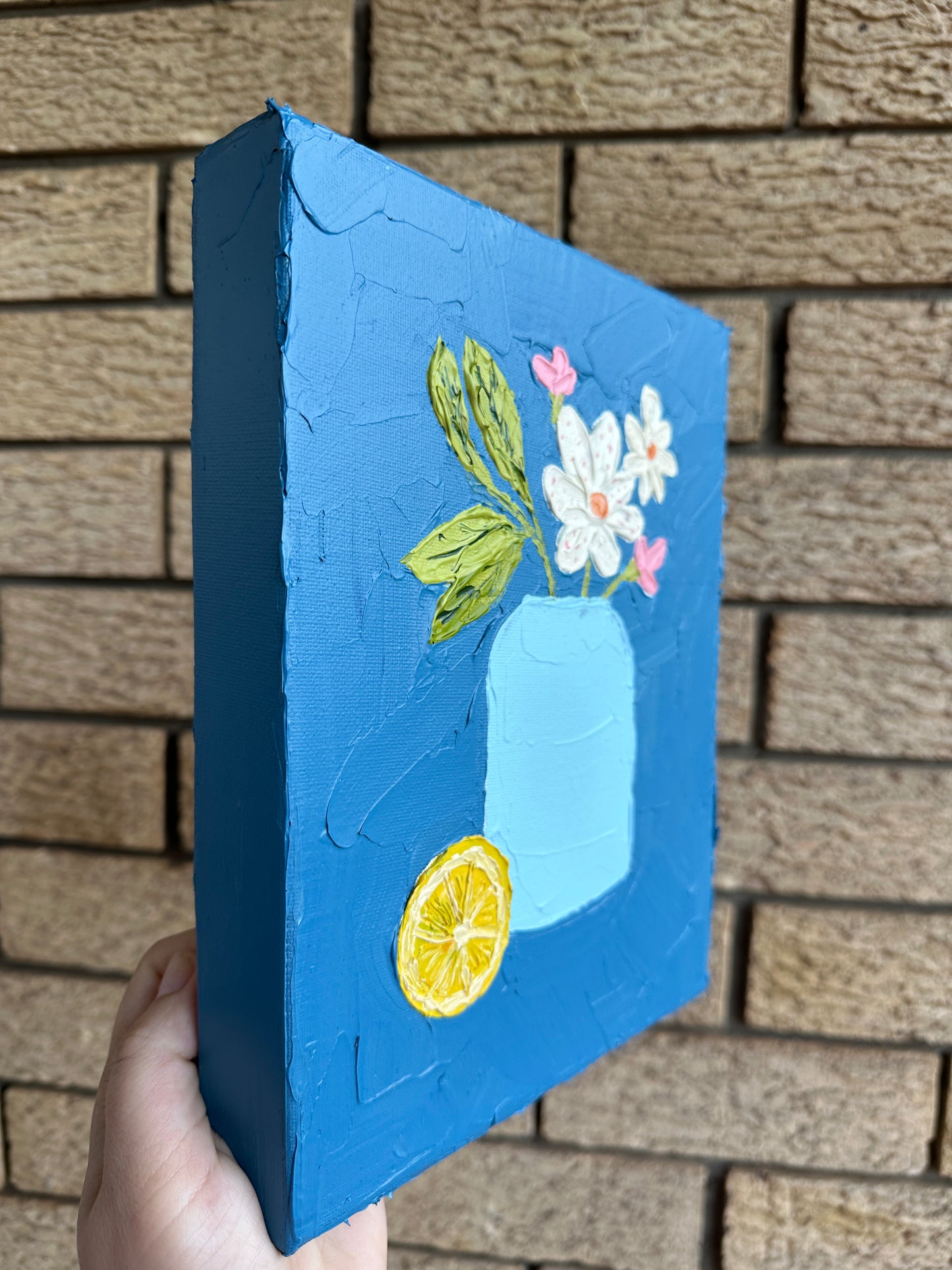 FLOWERS AND LEMON 1 20x25.4 cm acrylic on canvas original painting