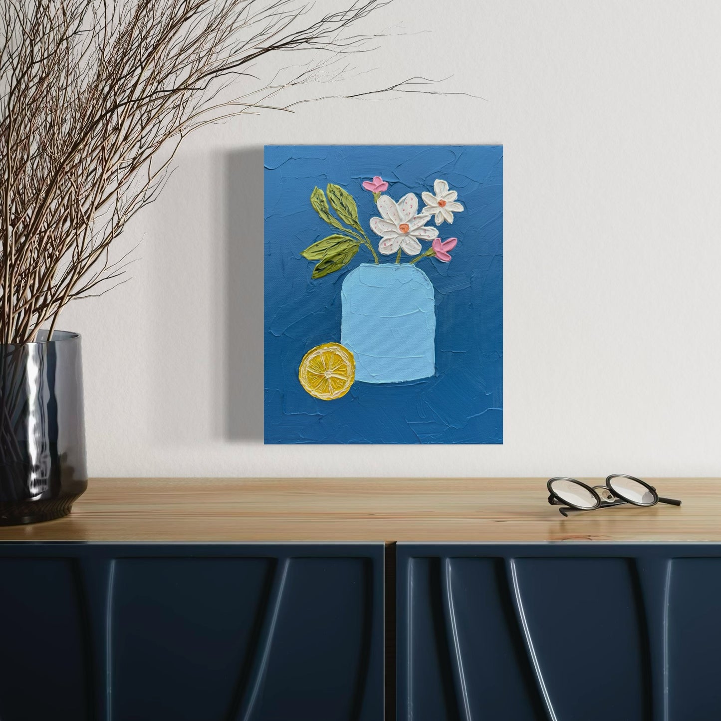 FLOWERS AND LEMON 1 20x25.4 cm acrylic on canvas original painting