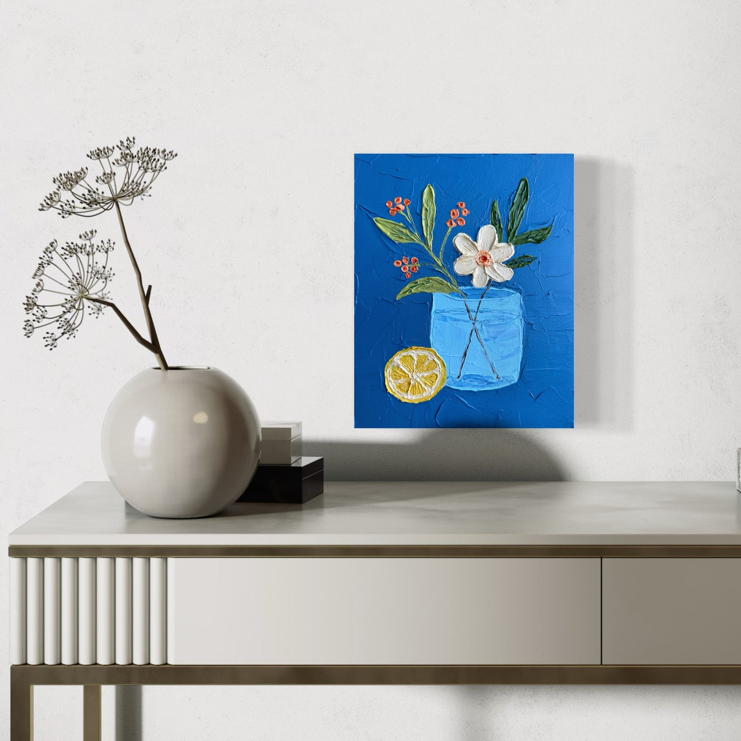 FLOWERS AND LEMON 2 20x25.4 cm acrylic on canvas original painting