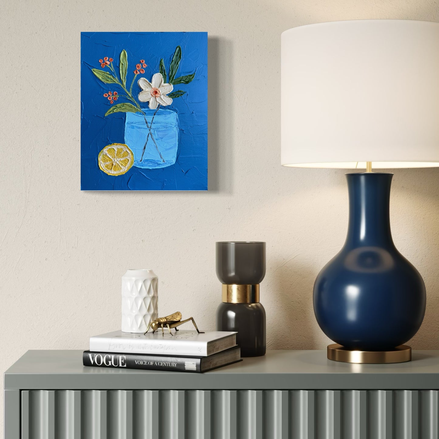 FLOWERS AND LEMON 2 20x25.4 cm acrylic on canvas original painting
