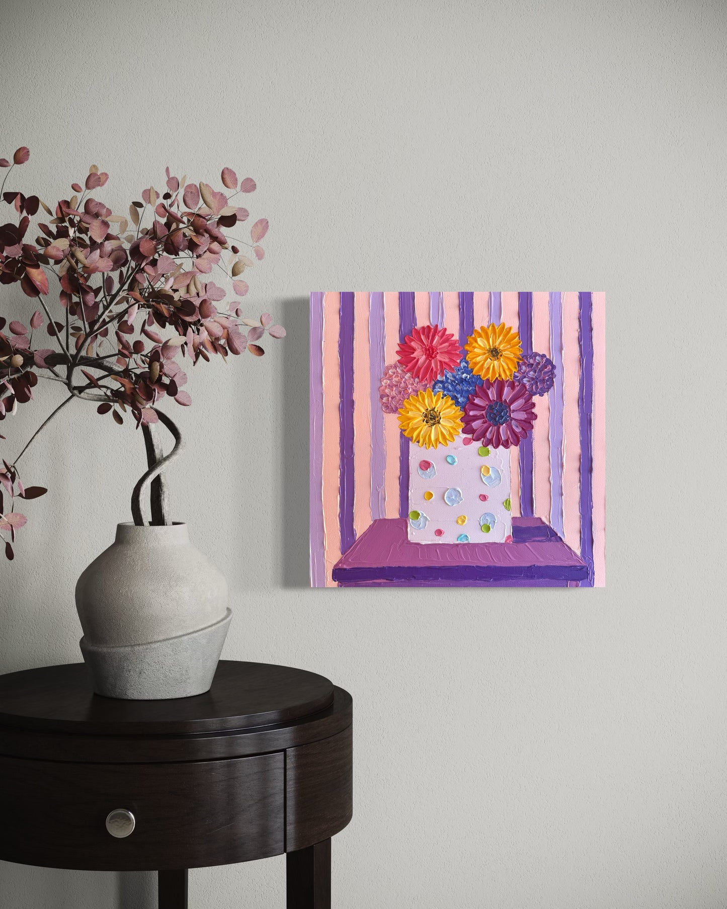 BLOOM AND STRIPES 30.5x30.5 cm acrylic on canvas original painting