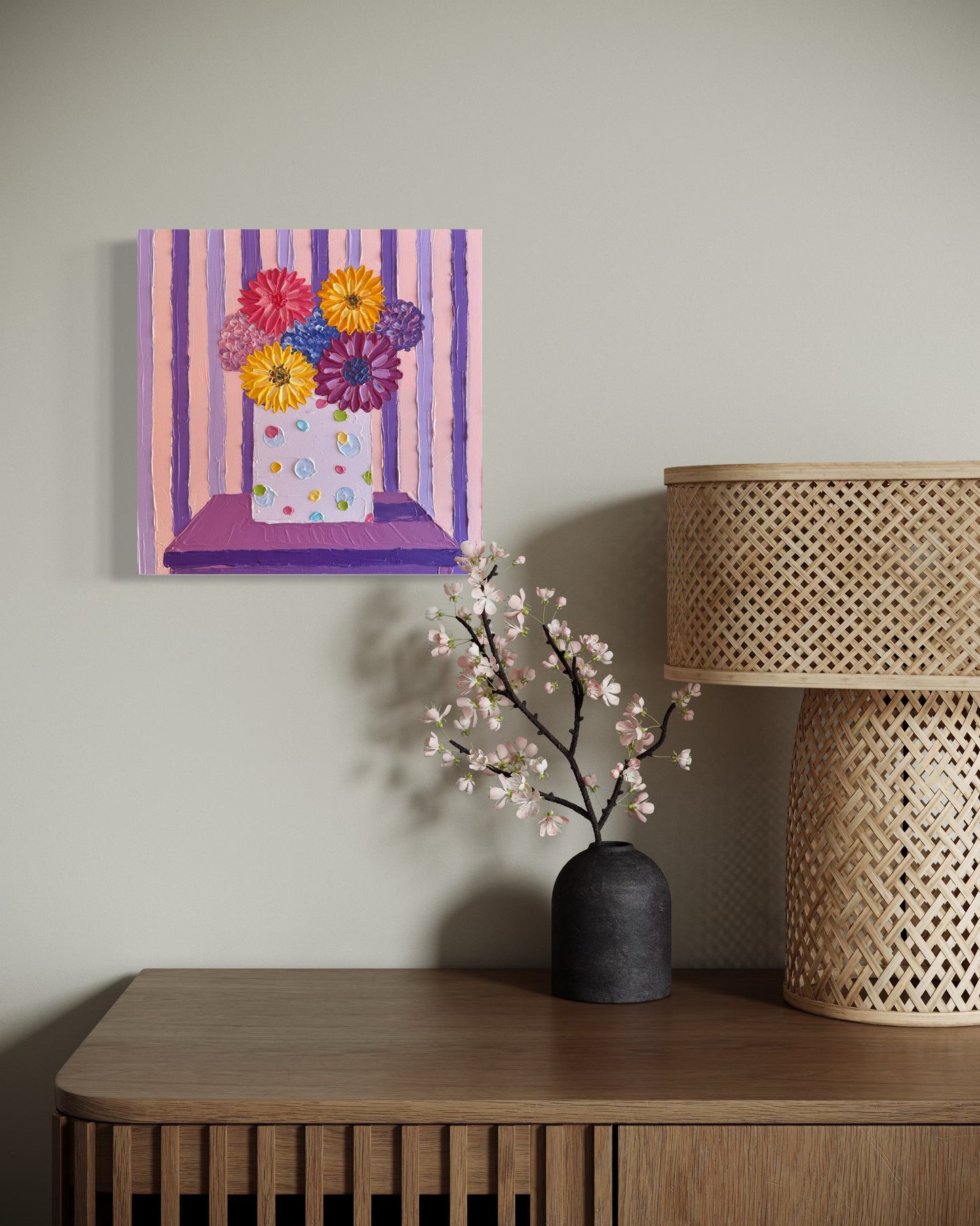 BLOOM AND STRIPES 30.5x30.5 cm acrylic on canvas original painting