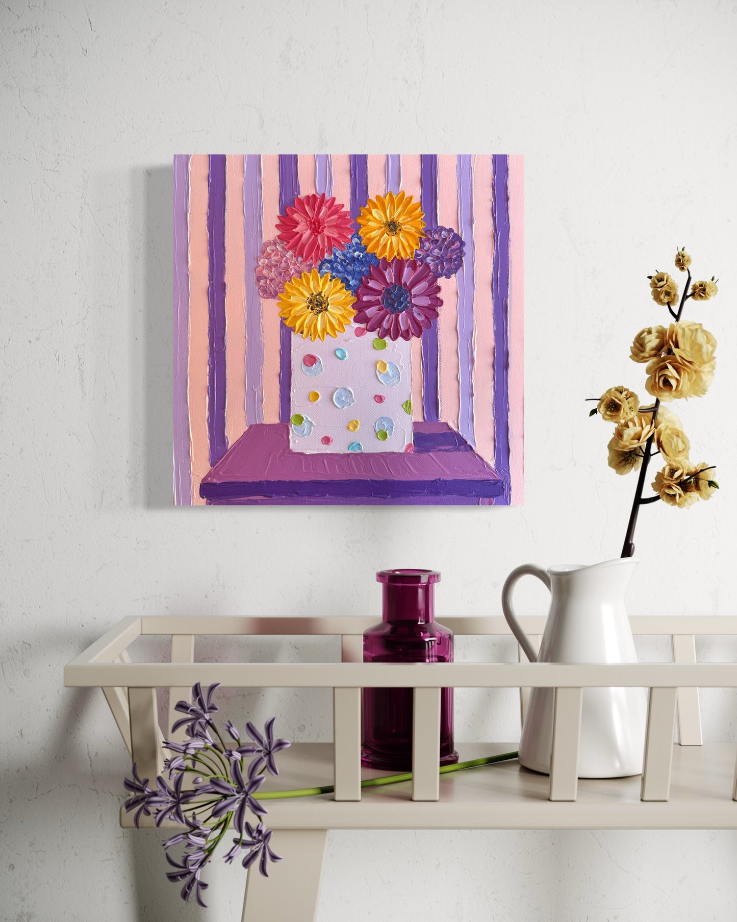 BLOOM AND STRIPES 30.5x30.5 cm acrylic on canvas original painting