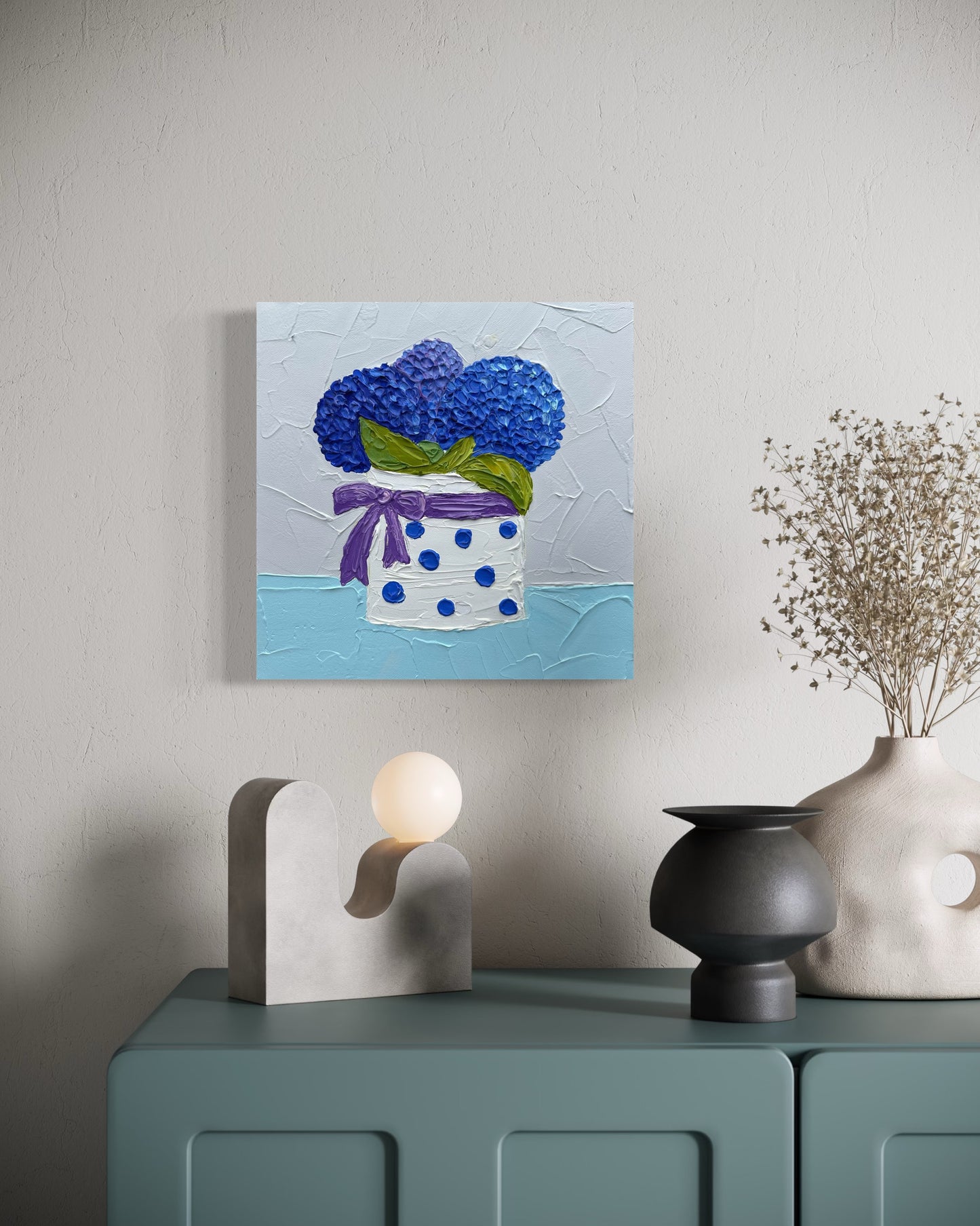 STILL LIFE WITH HYDRANGEAS 30.5x30.5 cm acrylic on canvas original painting