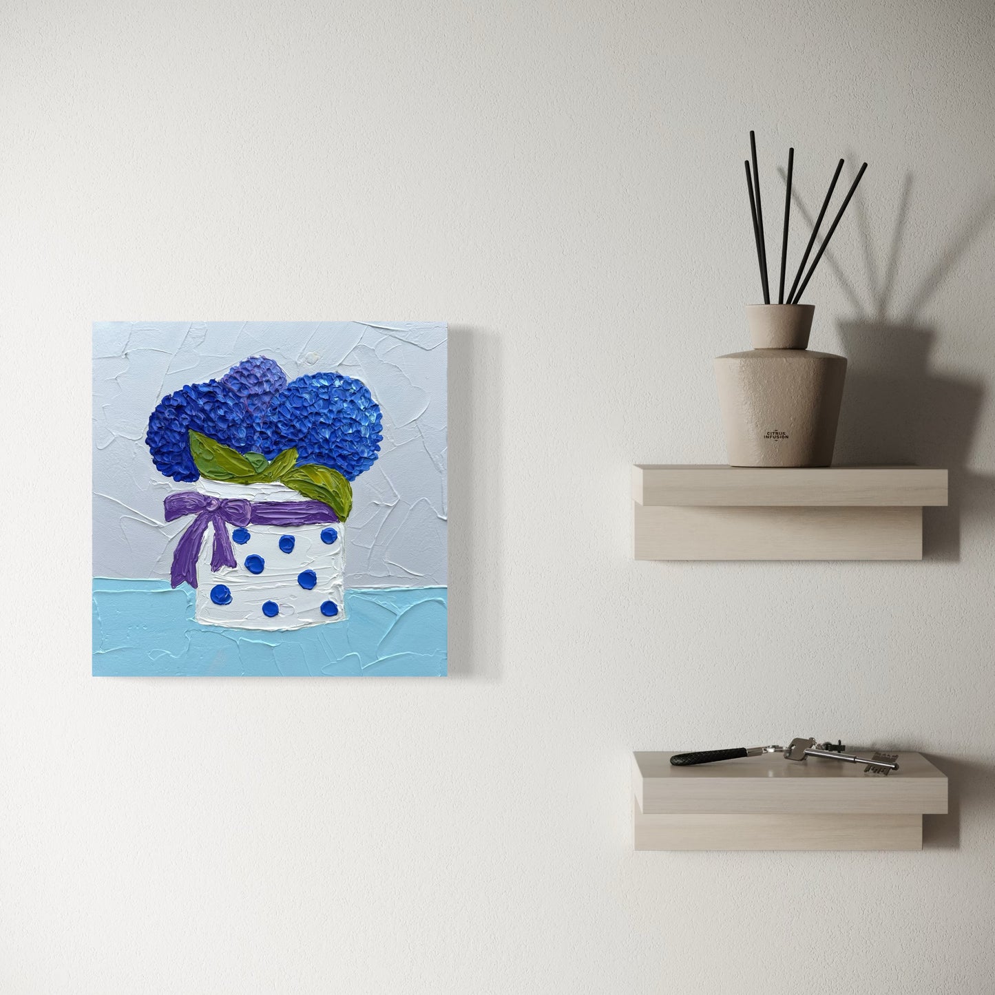 STILL LIFE WITH HYDRANGEAS 30.5x30.5 cm acrylic on canvas original painting