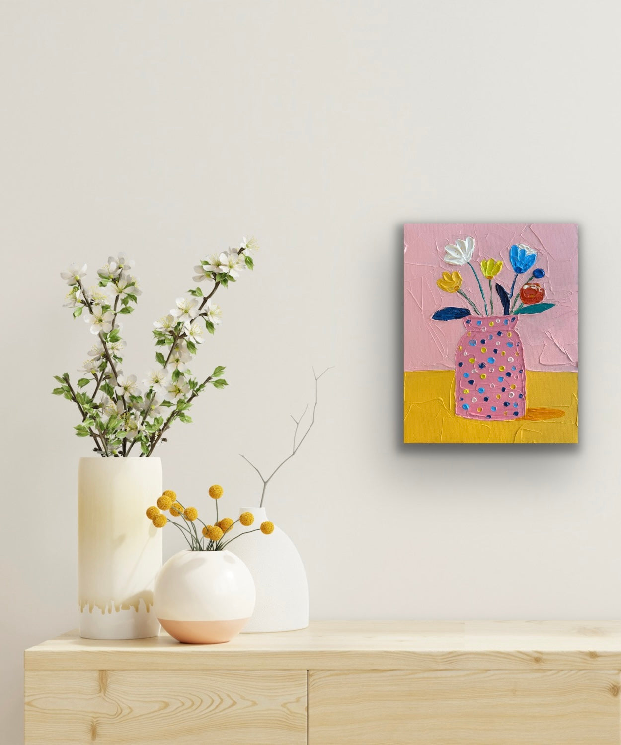 POLKA DOT PINK VASE 20x25.4 cm acrylic on canvas original painting