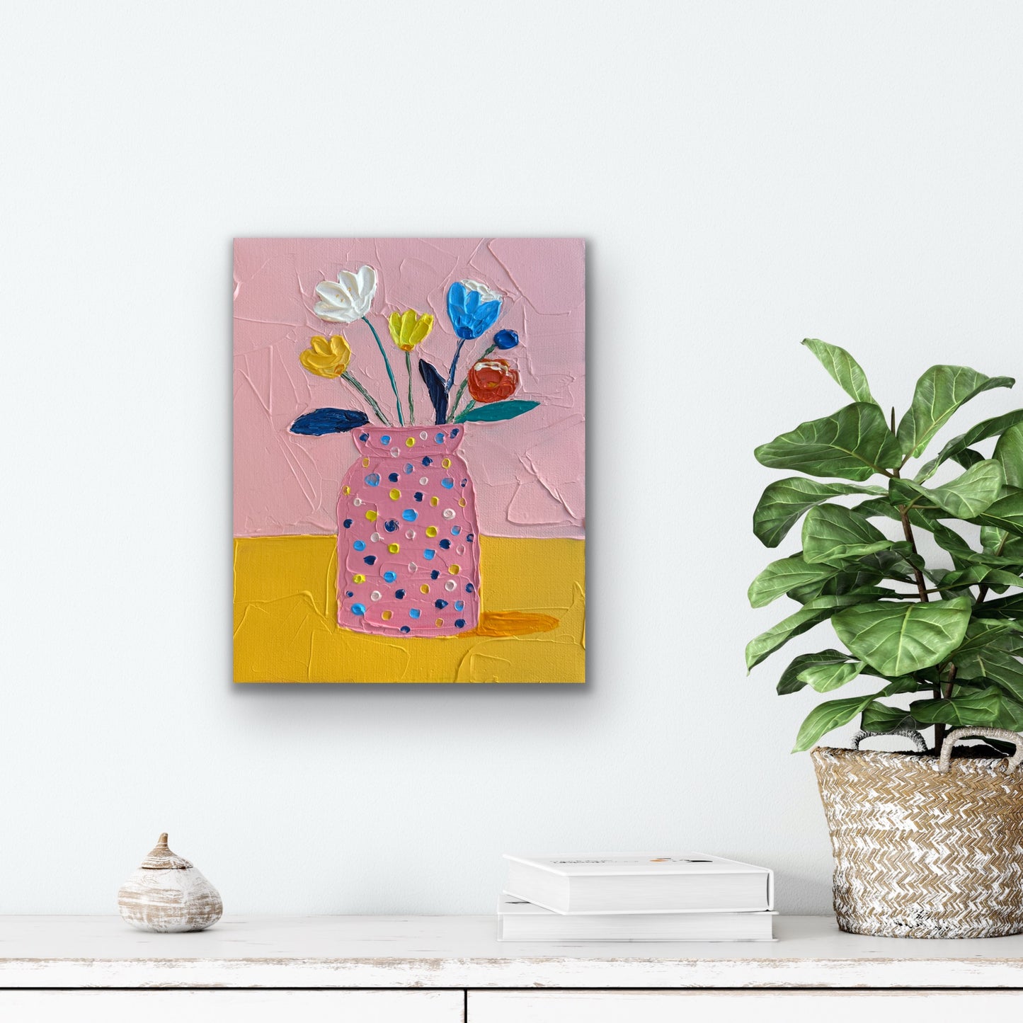 POLKA DOT PINK VASE 20x25.4 cm acrylic on canvas original painting