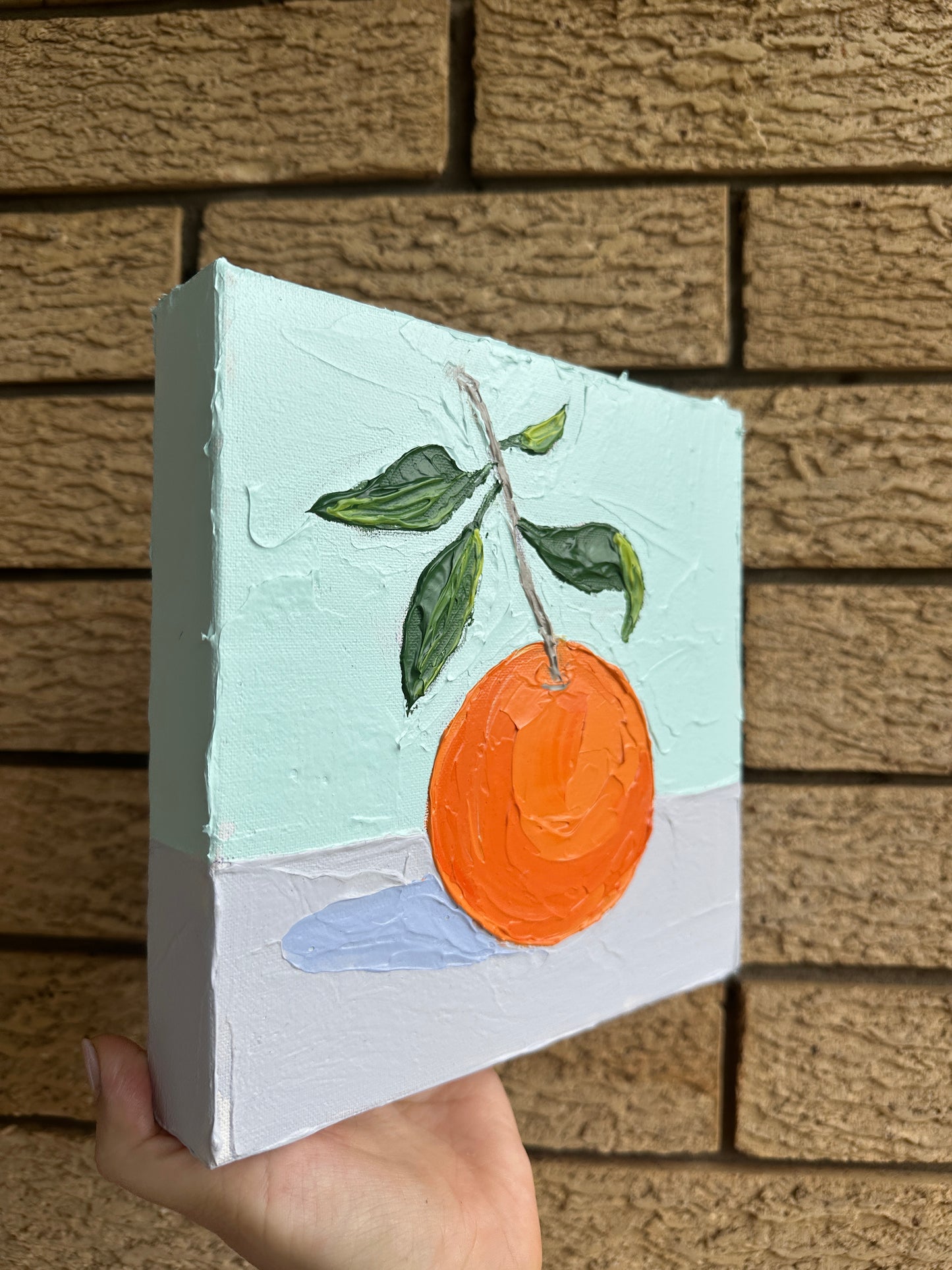 ORANGE WITH GREEN LEAVES 20x20 cm acrylic on canvas original painting