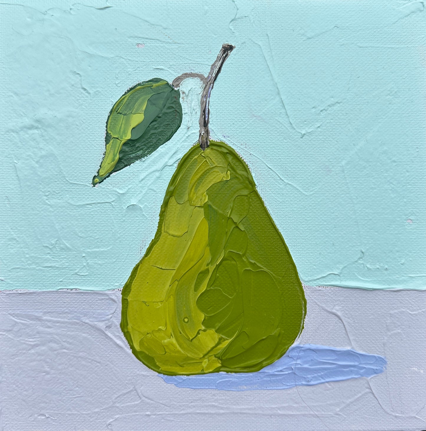 Painting of a green pear on a textured blue background