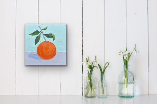 ORANGE WITH GREEN LEAVES 20x20 cm acrylic on canvas original painting
