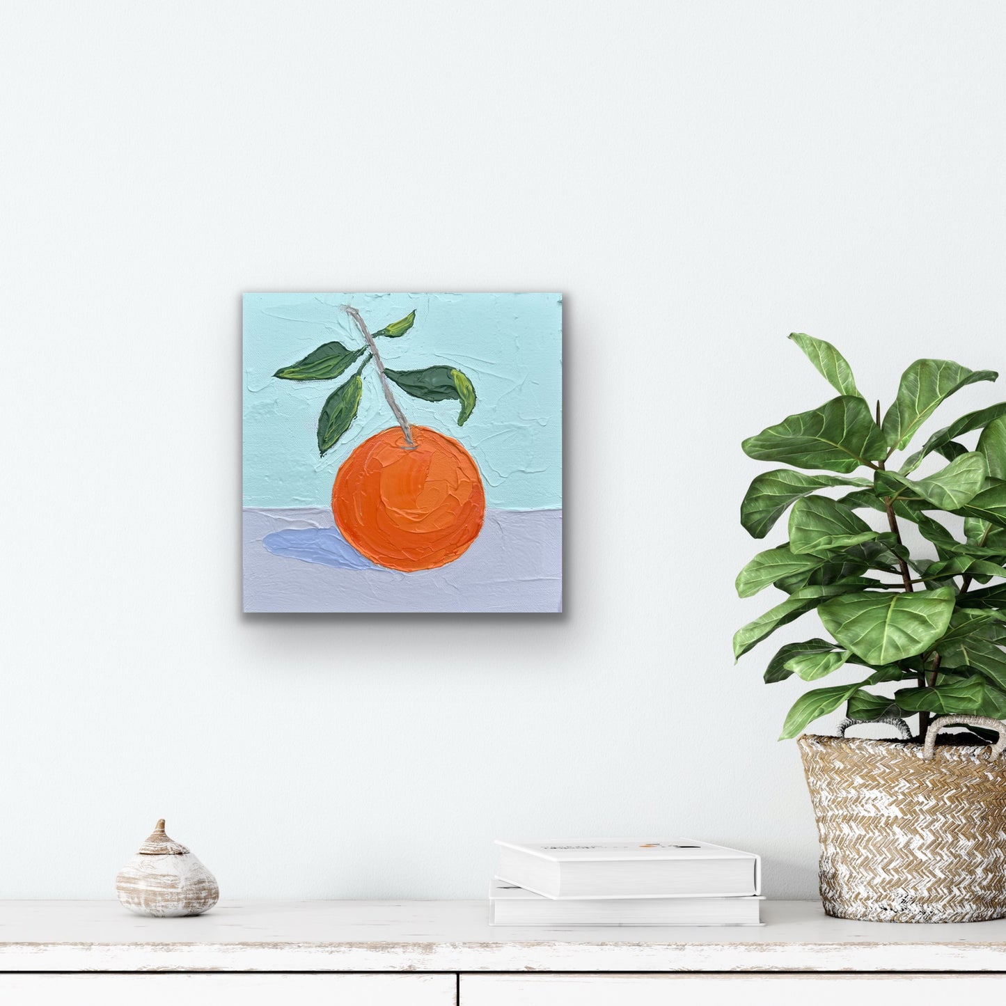 ORANGE WITH GREEN LEAVES 20x20 cm acrylic on canvas original painting