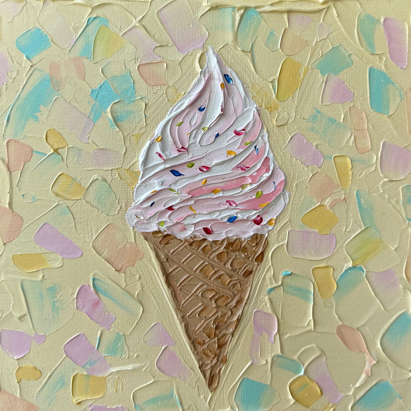 Painting of an ice cream cone with pink whipped cream and sprinkles on a textured pastel background.