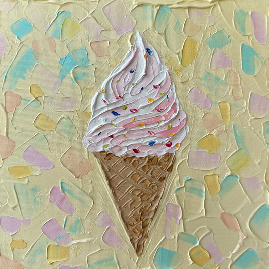 Painting of an ice cream cone with pink whipped cream and sprinkles on a textured pastel background.