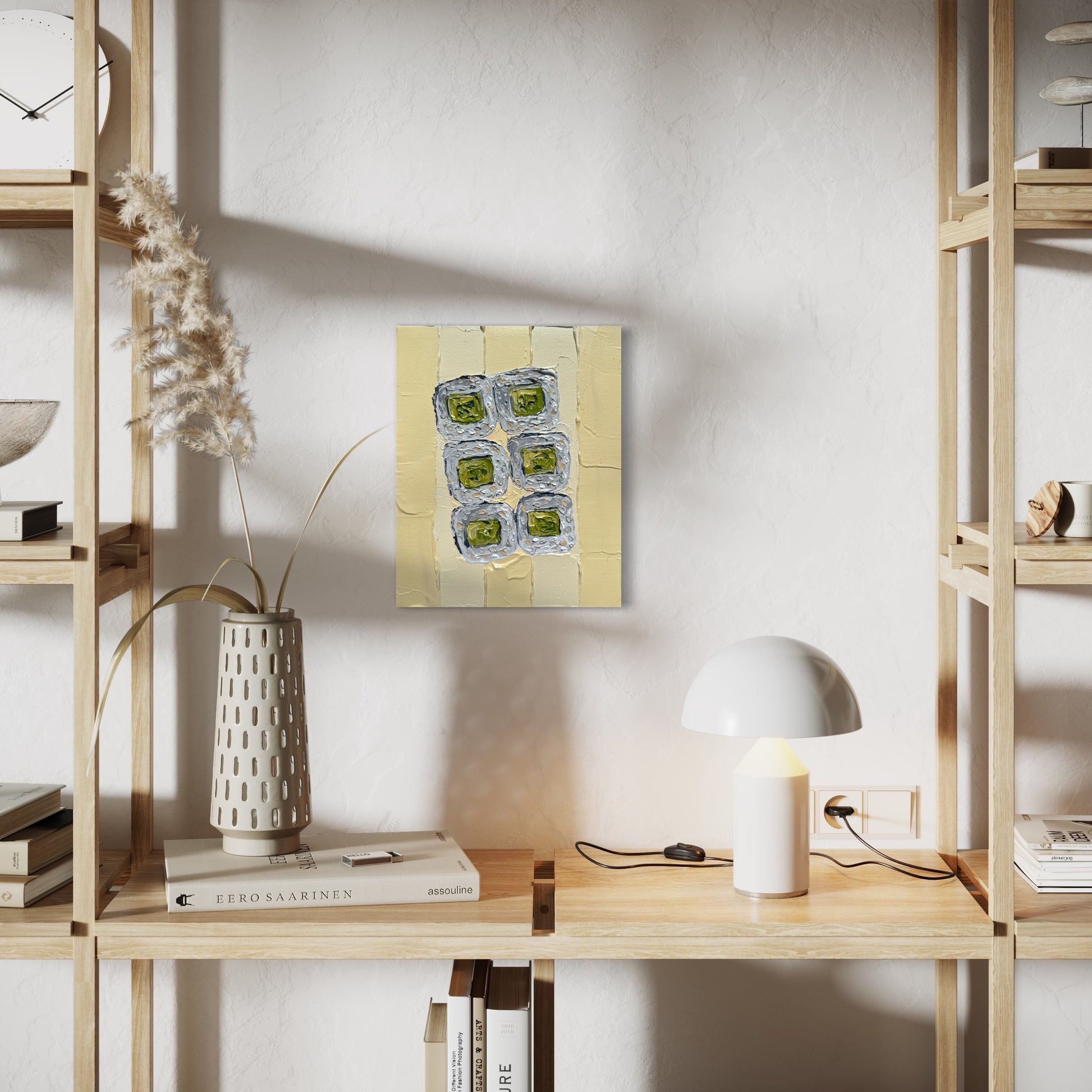 Modern interior with wooden shelves, a lamp, and a decorative wall piece.