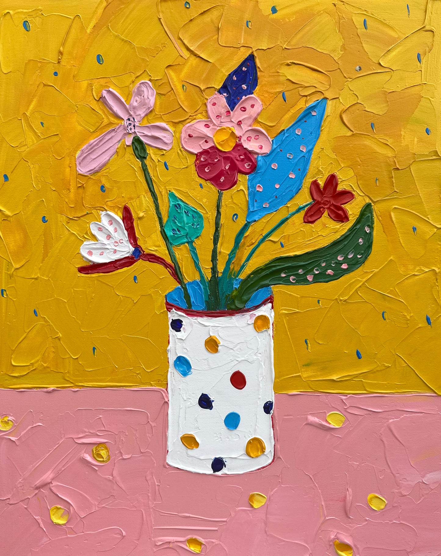 Colorful abstract painting of flowers in a polka dot vase on a textured yellow and pink background.