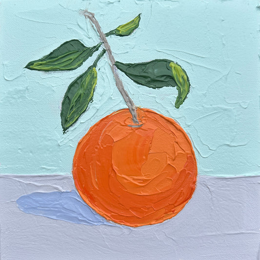 Painting of an orange with green leaves on a textured light blue background