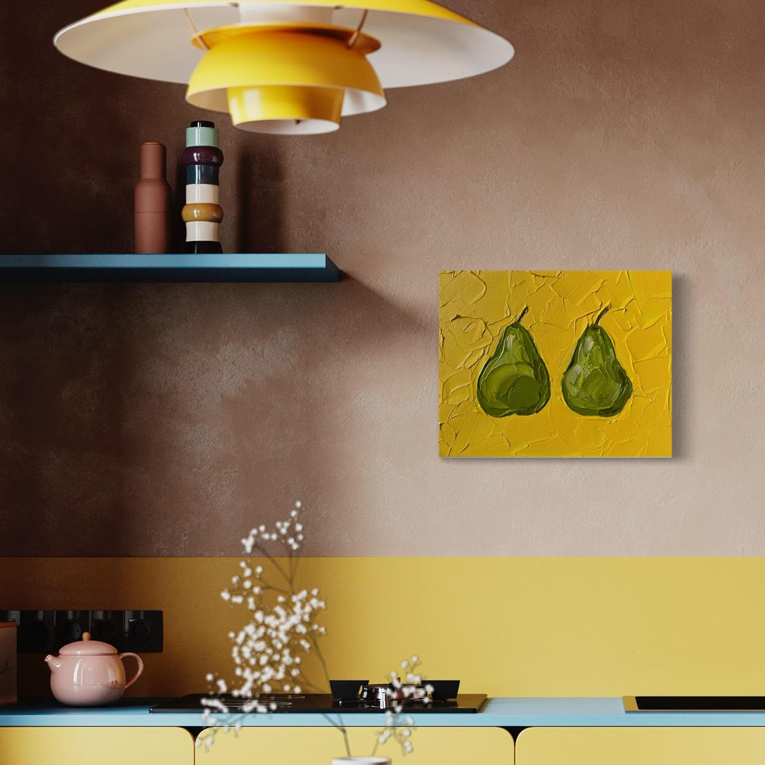 Yellow wall with a painting of two green pears, a shelf with decorative items, and a lamp.