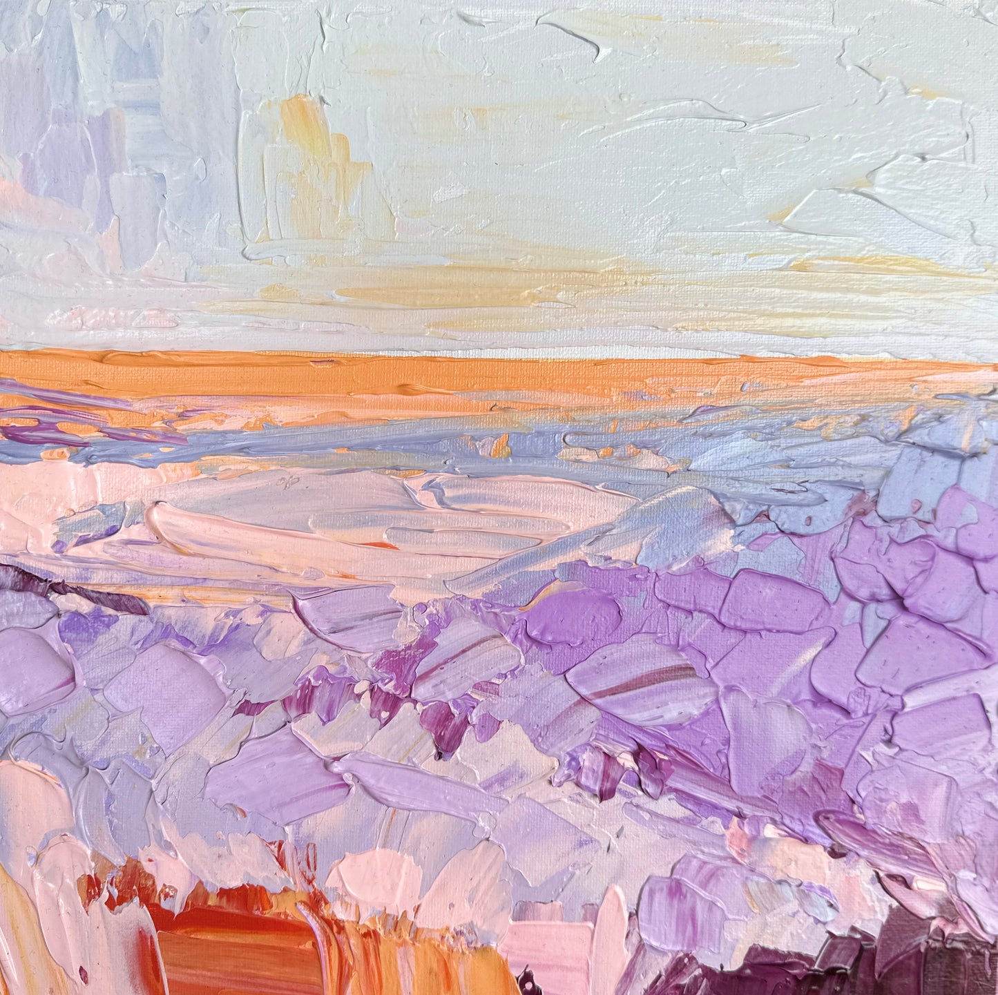 Textured abstract landscape painting featuring hues of purple and orange, with a serene sea and sky composition.