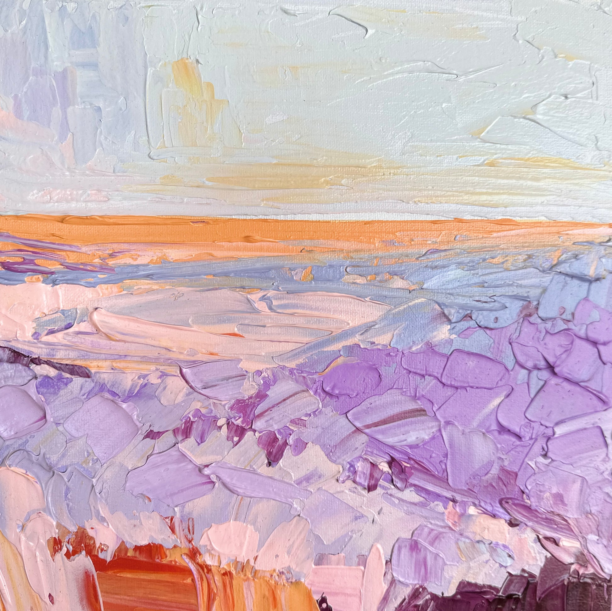 Textured abstract landscape painting featuring hues of purple and orange, with a serene sea and sky composition.